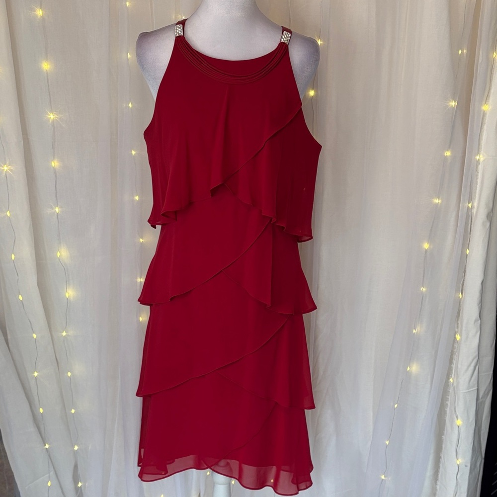 SL Fashions Burgundy Tiered Ruffle Midi Dress with Jeweled Straps